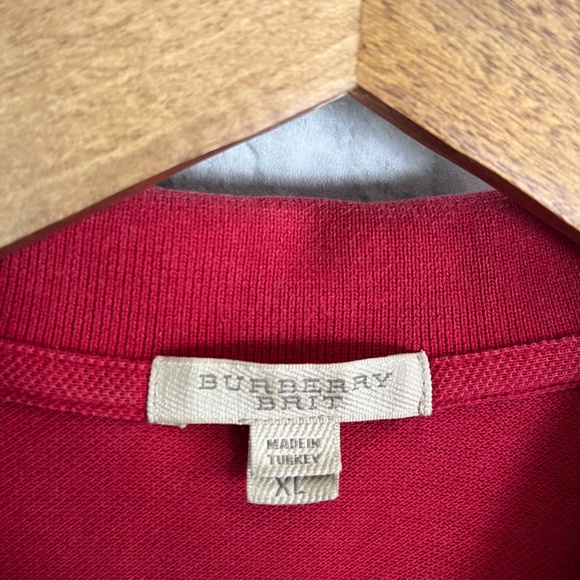 Burberry Brit Classic Red Embroidered Logo Plaid Trim Collared Polo Shirt Men XL - Picture 4 of 10